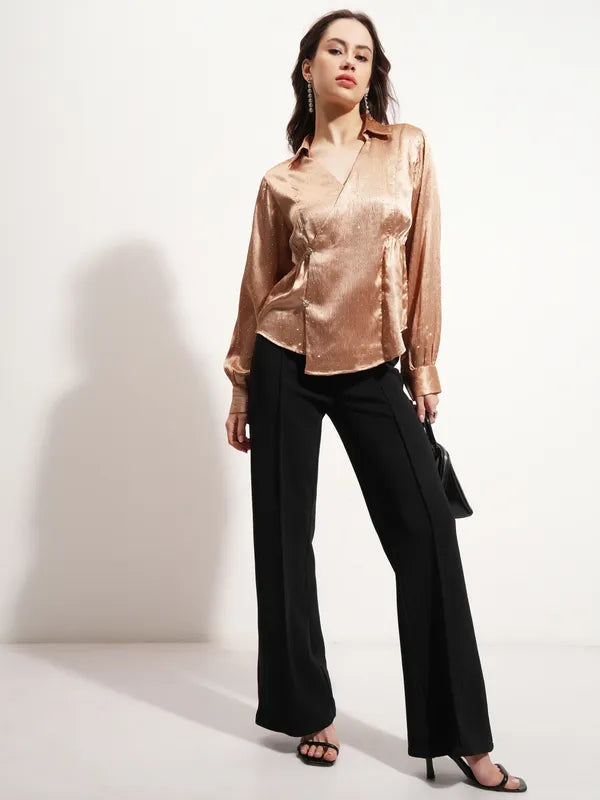 Women Beige Embellished Wrap Top