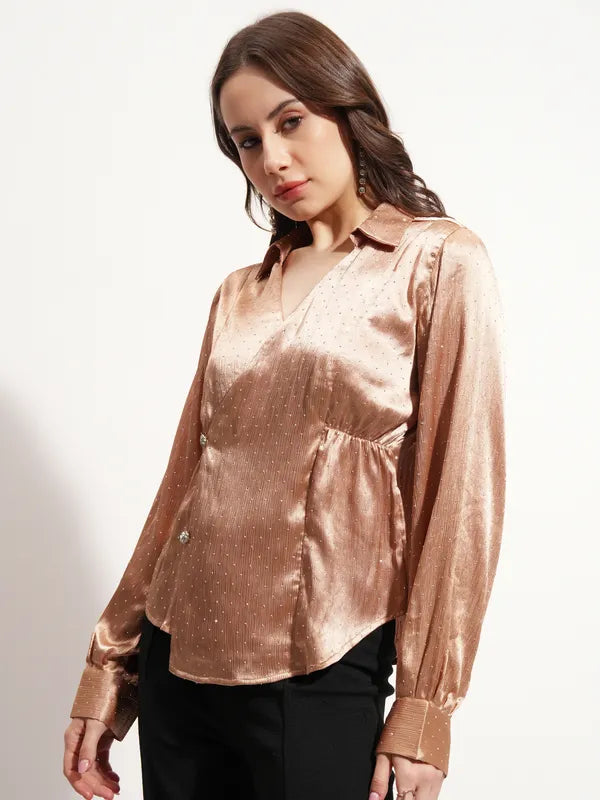 Women Beige Embellished Wrap Top