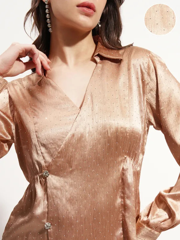 Women Beige Embellished Wrap Top