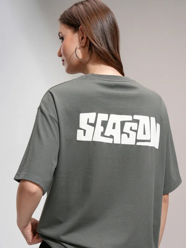 Women Grey Printed Oversized Fit T-Shirt