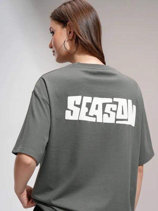 Women Grey Printed Oversized Fit T-Shirt