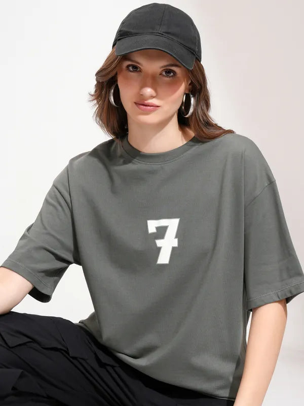 Women Grey Printed Oversized Fit T-Shirt