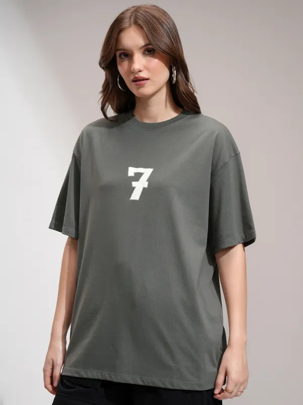 Women Grey Printed Oversized Fit T-Shirt