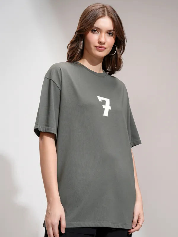 Women Grey Printed Oversized Fit T-Shirt