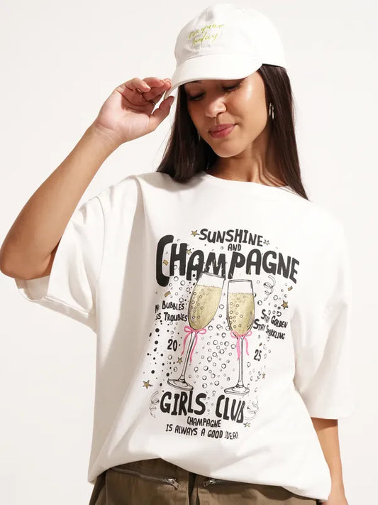 White Printed Round Neck Oversized Fit T-Shirts