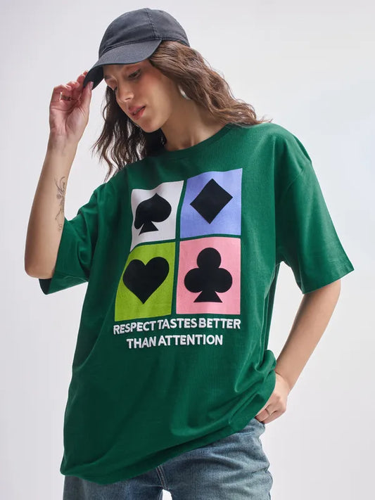Green Printed Round Neck Oversized Fit T-Shirts