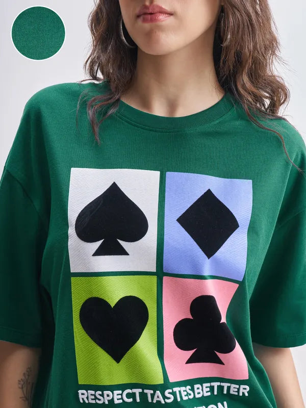 Green Printed Round Neck Oversized Fit T-Shirts