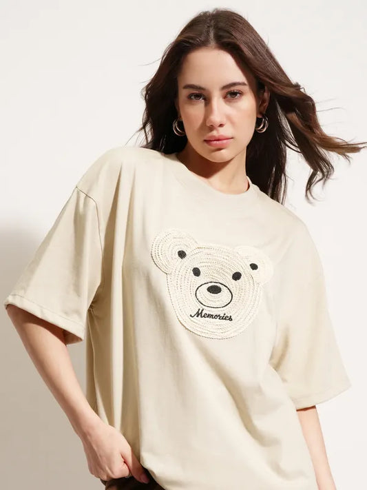 Women Beige Applique Round Neck Oversized Fit T-Shirts