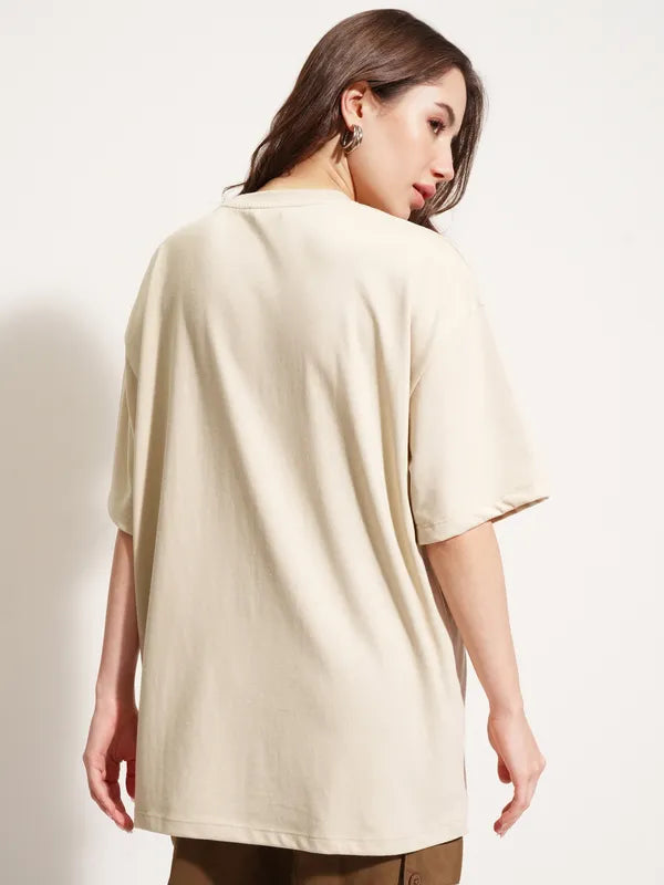 Women Beige Applique Round Neck Oversized Fit T-Shirts