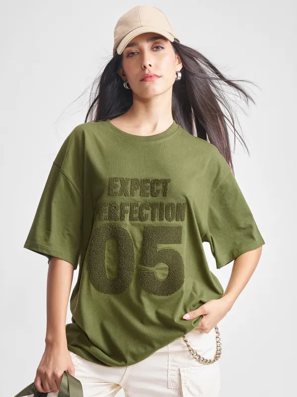 Women Olive Applique Round Neck Oversized Fit T-Shirt