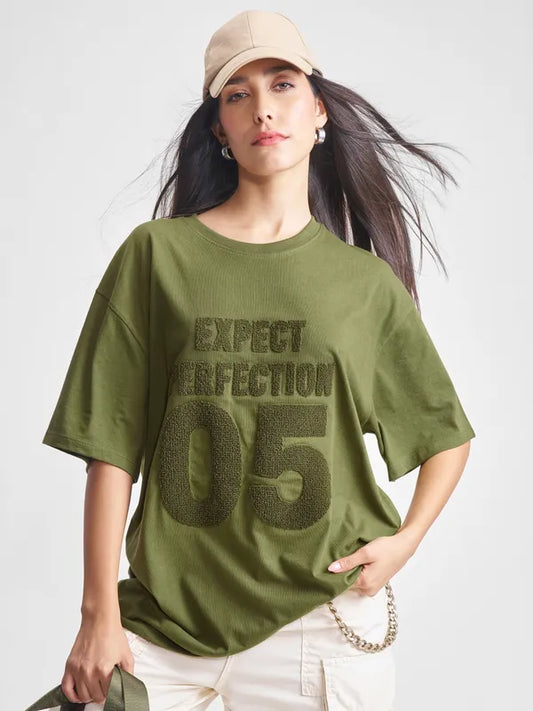 Women Olive Applique Round Neck Oversized Fit T-Shirt
