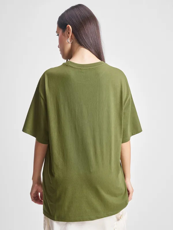 Women Olive Applique Round Neck Oversized Fit T-Shirt