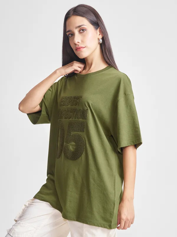 Women Olive Applique Round Neck Oversized Fit T-Shirt