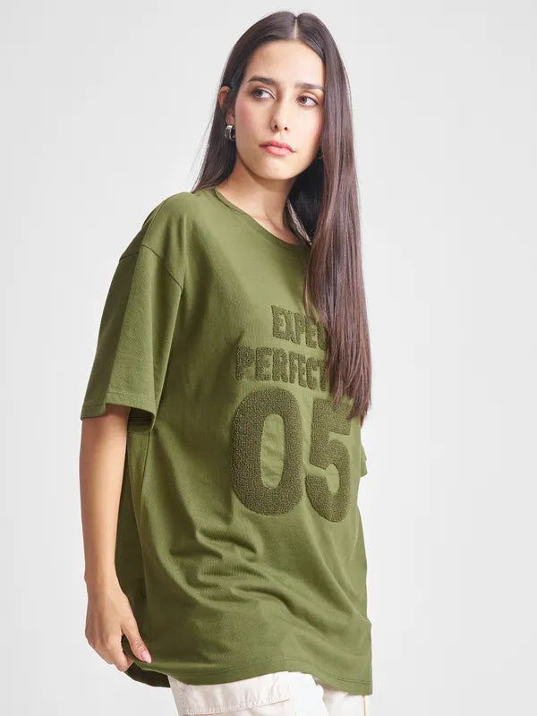 Women Olive Applique Round Neck Oversized Fit T-Shirt