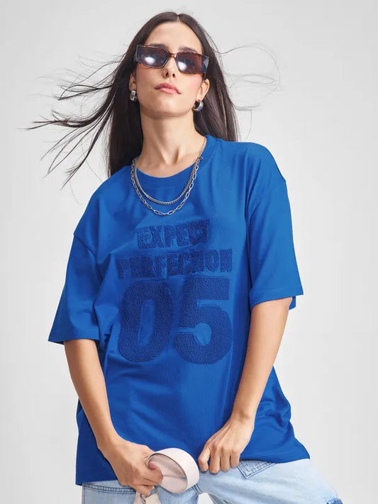 Women Blue Applique Round Neck Oversized Fit T-Shirt