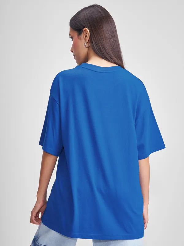 Women Blue Applique Round Neck Oversized Fit T-Shirt