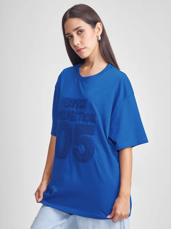 Women Blue Applique Round Neck Oversized Fit T-Shirt