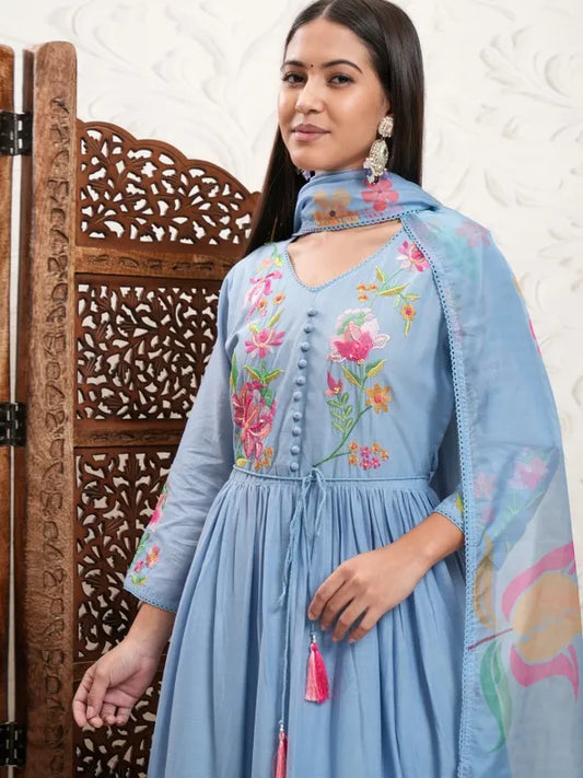 Stylish Blue Embroidered Kurta with Trousers and Dupatta for Women Ideal for Weddings, Parties, and Family Gatherings