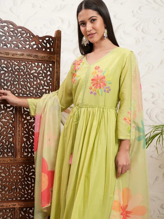 Traditional Women Yellow Embroidered Kurta Outfit with Coordinated Trousers and Dupatta
