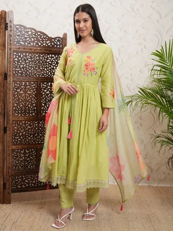 Traditional Women Yellow Embroidered Kurta Outfit with Coordinated Trousers and Dupatta