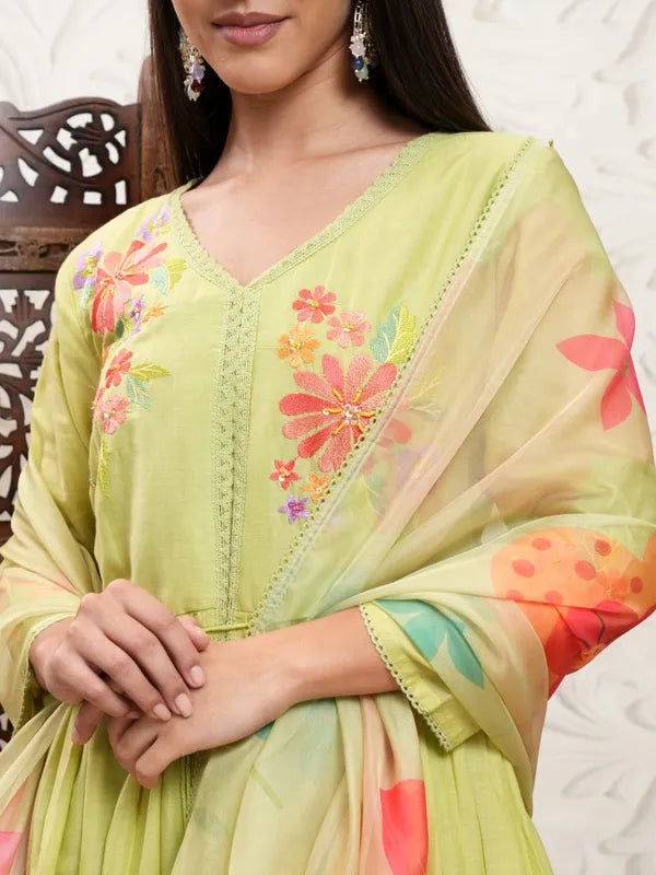 Traditional Women Yellow Embroidered Kurta Outfit with Coordinated Trousers and Dupatta