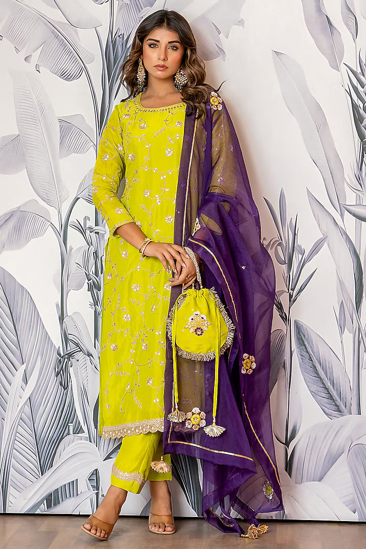 Designer Green Pure Spun Silk Kurta Set with Marodi Hand Embroidery for Women Perfect for Festive and Traditional Outfits