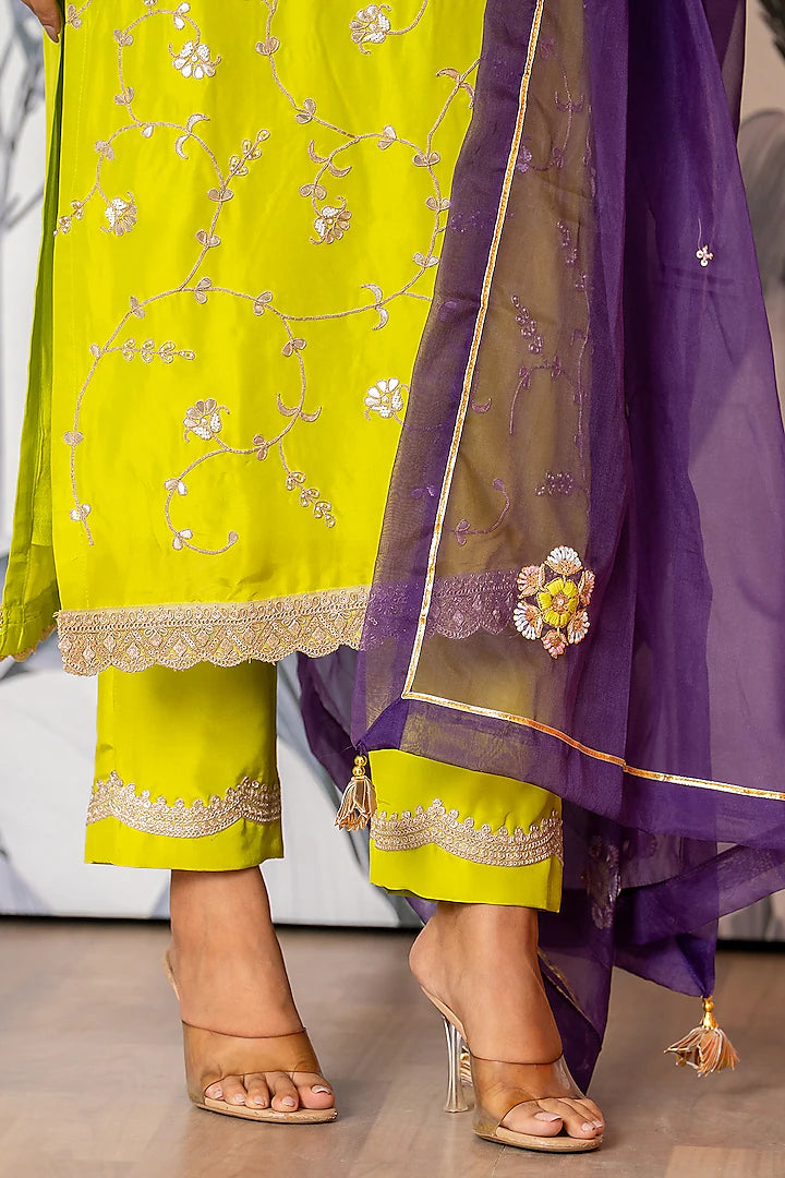 Designer Green Pure Spun Silk Kurta Set with Marodi Hand Embroidery for Women Perfect for Festive and Traditional Outfits