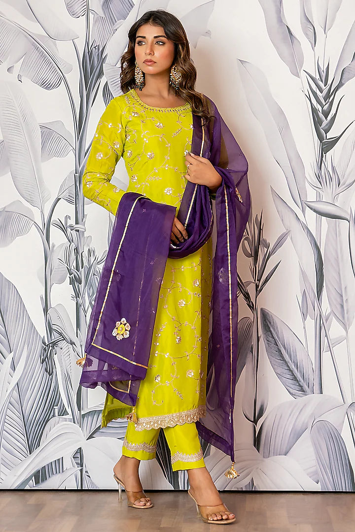 Designer Green Pure Spun Silk Kurta Set with Marodi Hand Embroidery for Women Perfect for Festive and Traditional Outfits