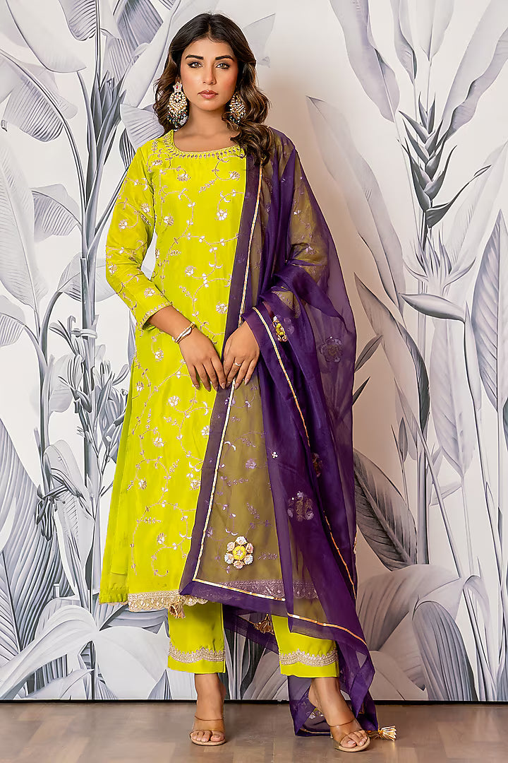 Designer Green Pure Spun Silk Kurta Set with Marodi Hand Embroidery for Women Perfect for Festive and Traditional Outfits