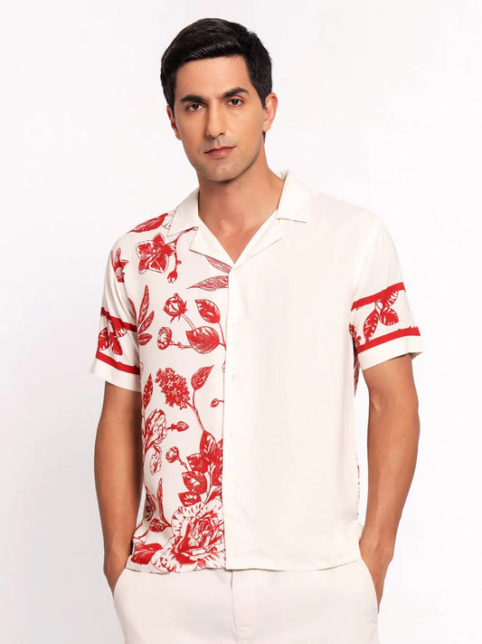 Modern Men’s Crimson Floral Shirt Comfortable Fabric Stylish Casual Outfit