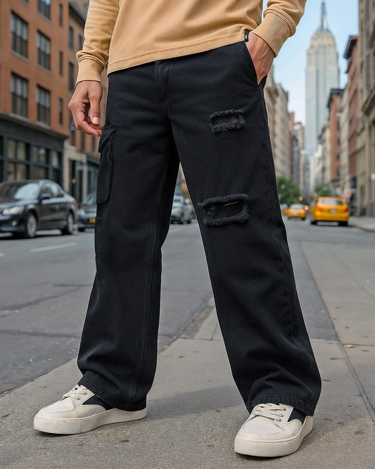 Black Distressed Cargo Mid Rise Jeans Men Baggy Fit Comfortable Daily Wear