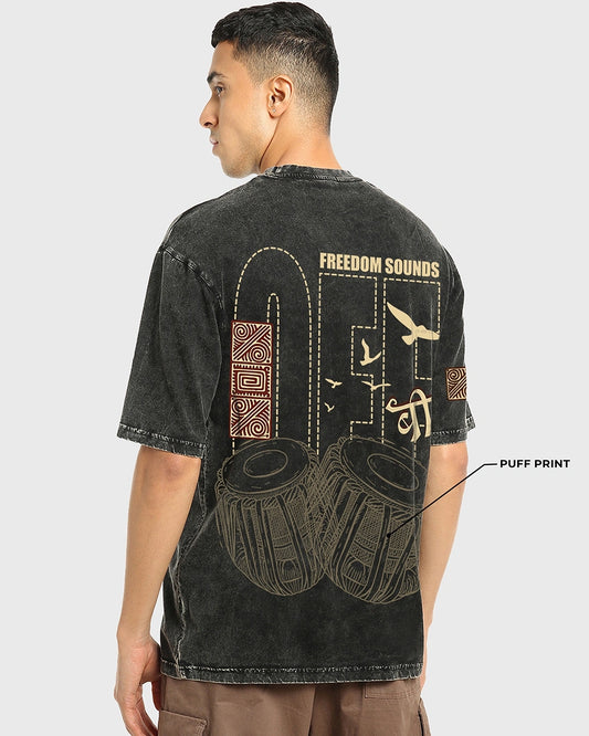 Stylish Men’s Oversized Acid Wash T-Shirt in Black with Bold Freedom Sounds Print