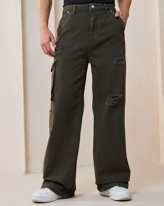 Lightweight Green Distressed Baggy Fit Cargo Mid Rise Jeans for Men Stylish Comfort