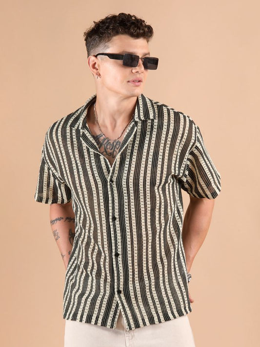 Off White Stripe Crochet Half Sleeves Shirt Lightweight Stylish Daily Wear