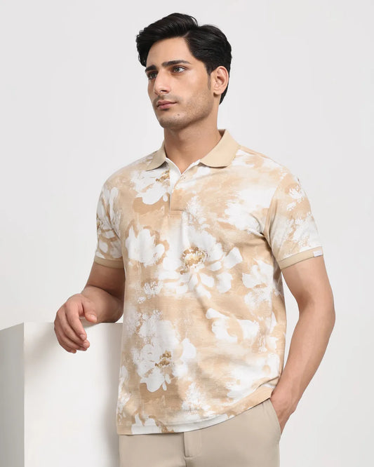 Stylish Men Beige Floral Print Slim Fit T Shirt Perfect for Casual and Party Wear