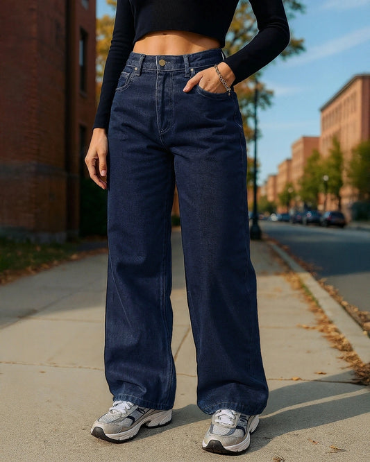 Women's Blue Washed Baggy Straight Fit Jeans