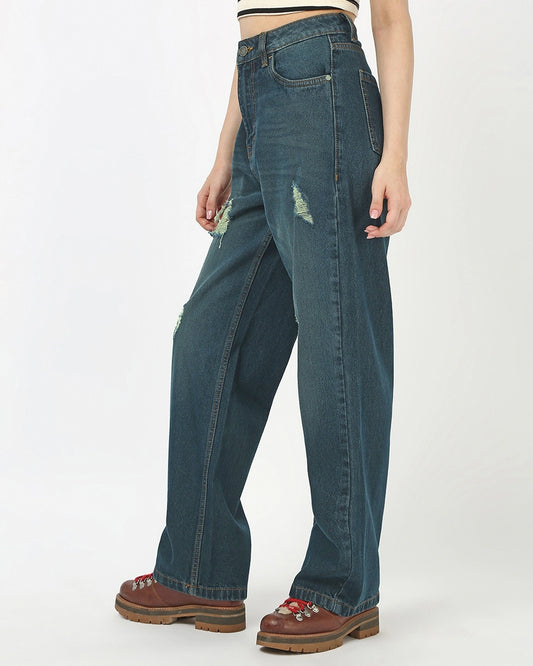 Soft Comfortable Womens Blue Washed Baggy Jeans with Distressed Finish